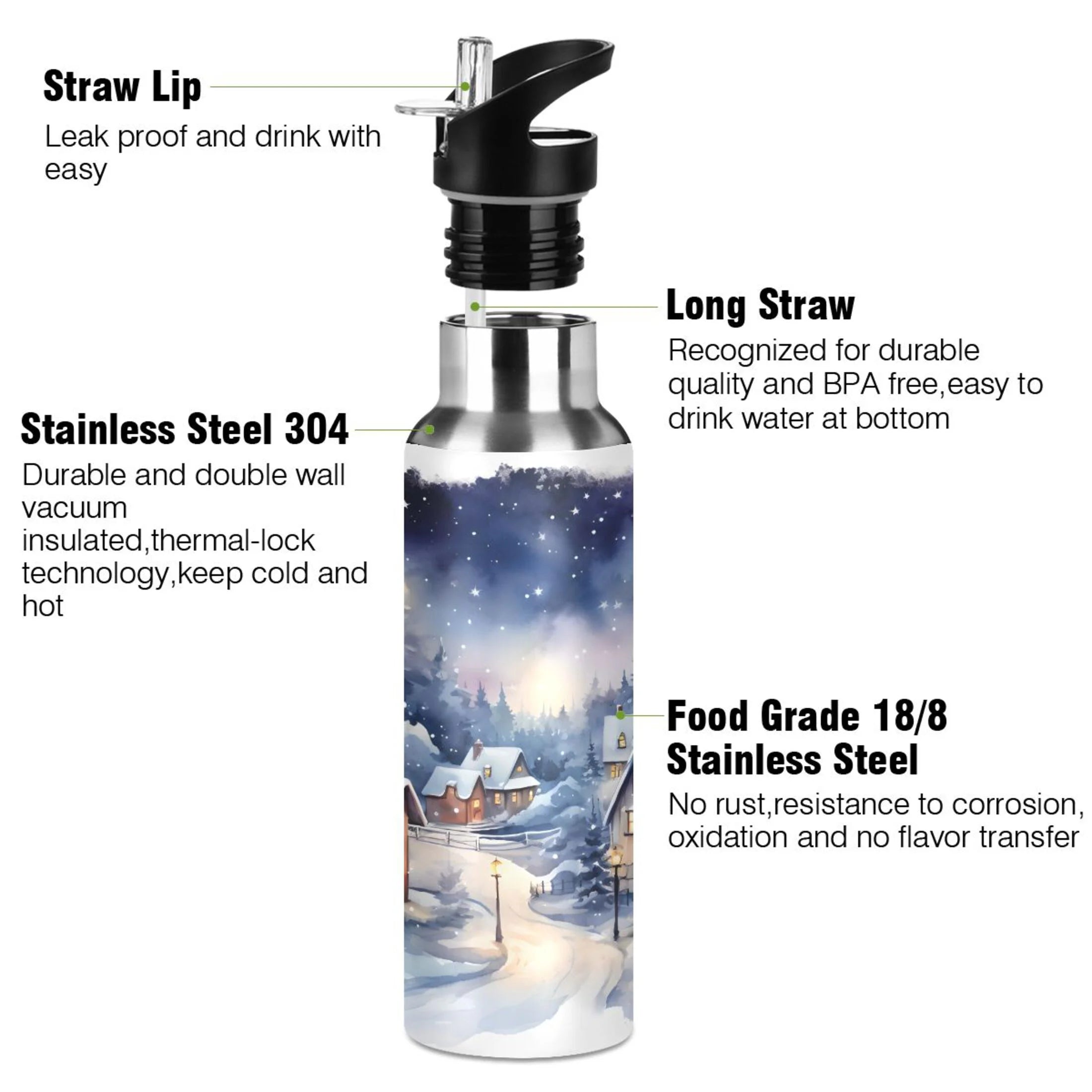 Stainless Steel Insulated Thermos Vacuum Flask Water Bottle with Straw Lid D2067