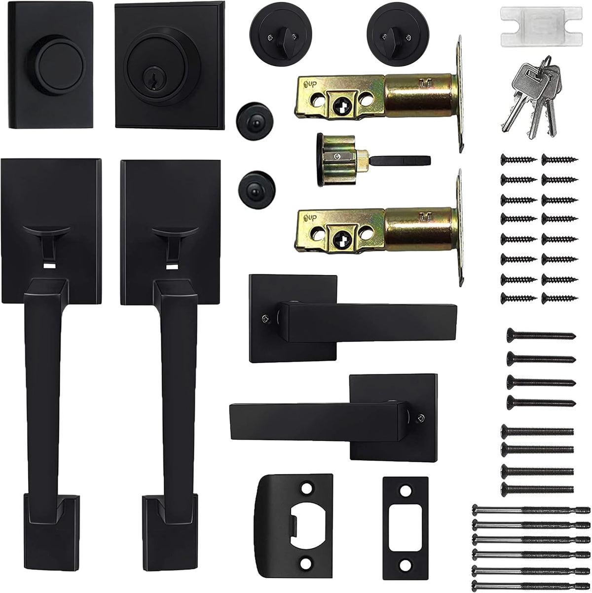 Matte Black Double Door Handleset with Keyed Entry and Dummy Handle Lever (2 Pack) V522