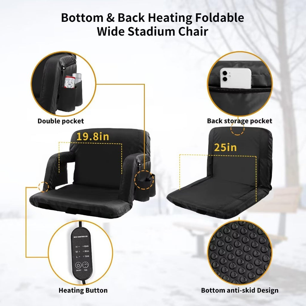 Heated Folding Stadium Seat with Back Support, 6 Reclining Positions, 3 Heat Modes L29010