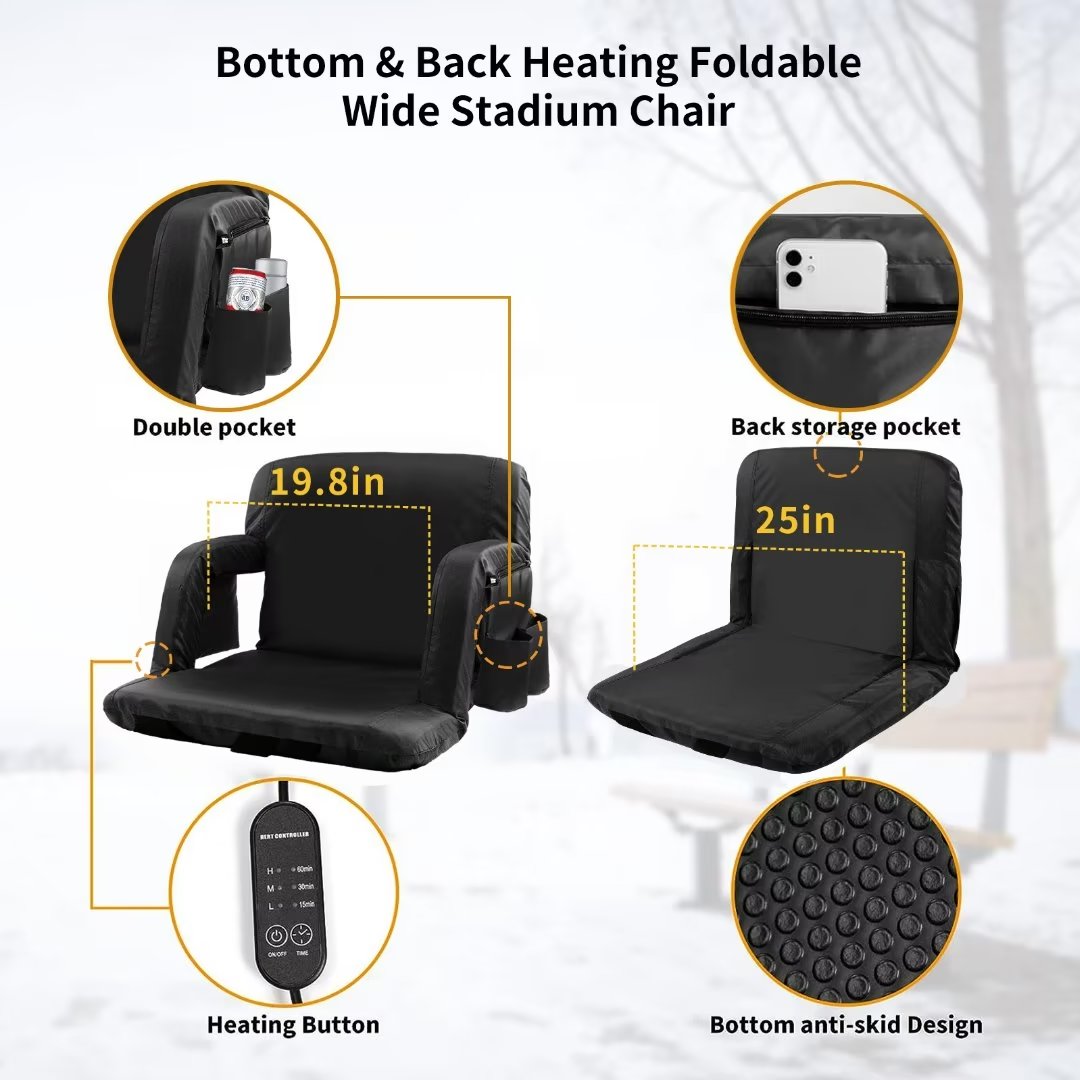 Heated Folding Stadium Seat with Back Support, 6 Reclining Positions, 3 Heat Modes L29010