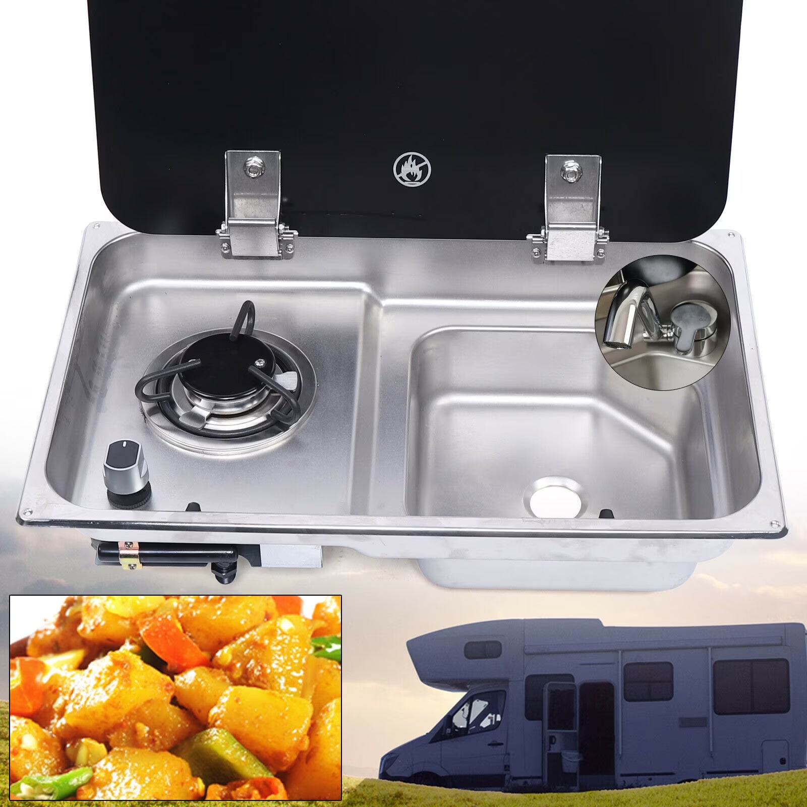 RV Gas Stove 1 Burner With Sink & Faucet Combo w/ Glass Lid S766378