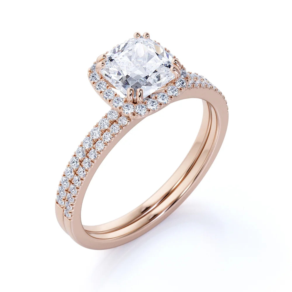 1.5 Carat Cushion Cut Halo Moissanite Bridal Ring Set in 18k Rose Gold Over Silver Q580