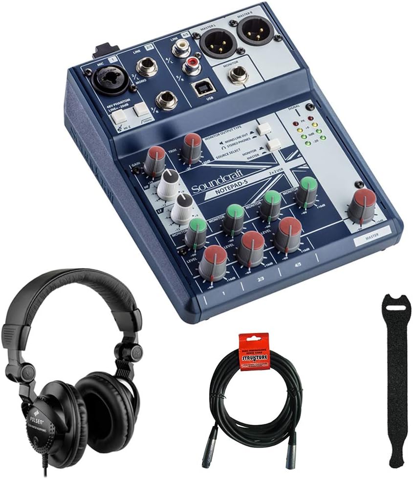 Small-Format Analog Mixing Console with Monitor Headphones, Fastener Straps (10-Pack) & XLR Cable Bundle Q71253