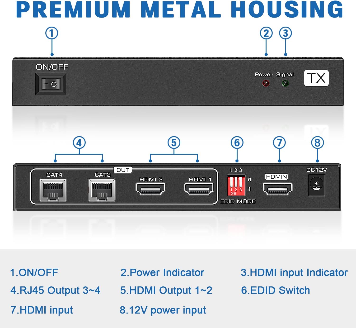 HDMI Extender Splitter 1x2 165ft/50m 1 in 2 Out Over Cat5e/Cat6/7 with 2 Loop-Out Local Display Repeater Balun Ethernet Sender Transmitter Receiver Support 1080P@60HZ 3D EDID POC M7083