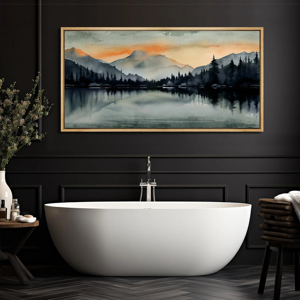 Extra Large Framed Canvas Print Wall Art Sunset Mountain Range & Lake Panoramic Modern Art Nature Wilderness Retro Wall Decorative Oversized Artwork Relax/Calm for Living Room - 60"x30" C392