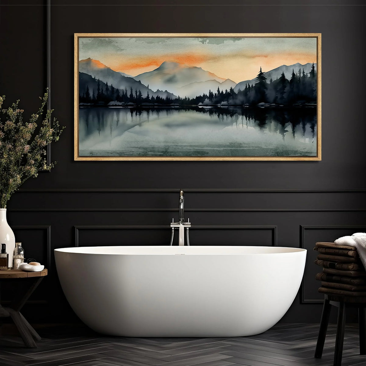 Extra Large Framed Canvas Print Wall Art Sunset Mountain Range & Lake Panoramic Modern Art Nature Wilderness Retro Wall Decorative Oversized Artwork Relax/Calm for Living Room - 60"x30" C392