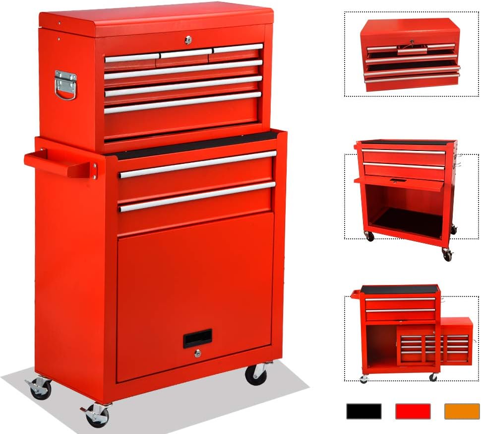 Red Rolling Tool Chest with Detachable Toolbox Organizer Cabinet B380