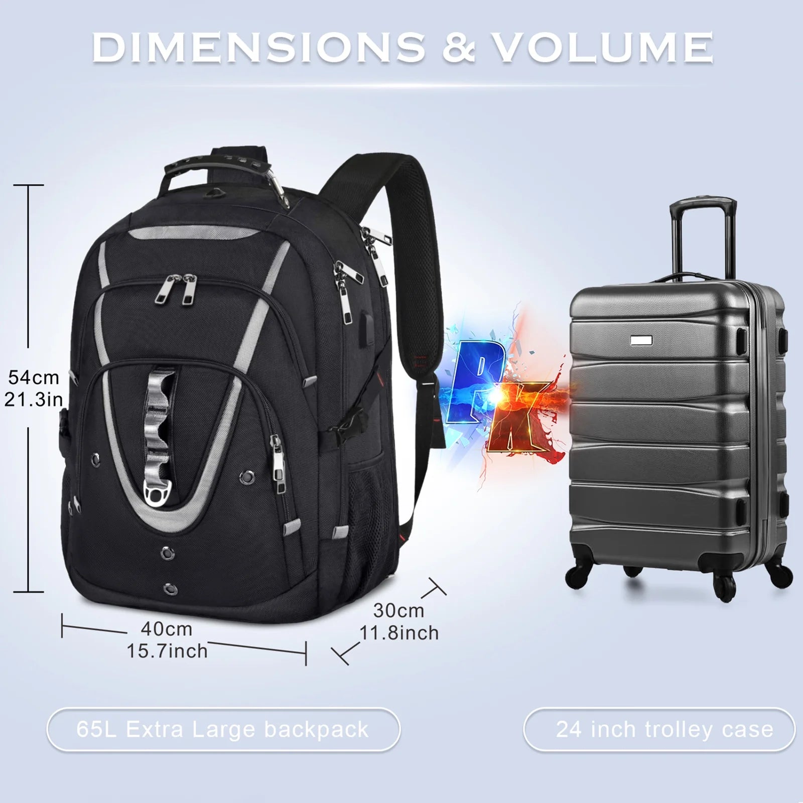 Extra Large 65L Water Resistant Anti-theft Travel Backpack with USB Charging Port B8323