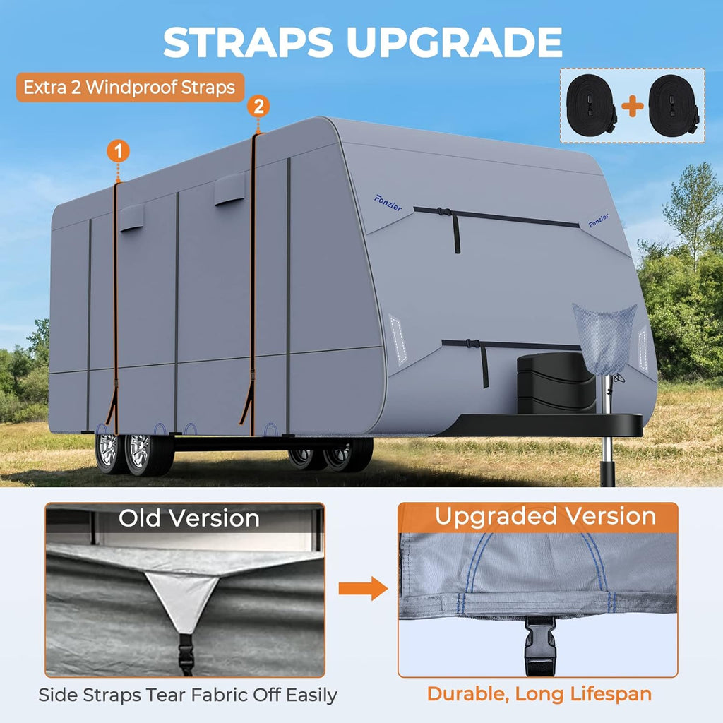 Waterproof Travel Trailer RV Cover with 4 Gutter Spout Covers and 2 Windproof Straps B686003