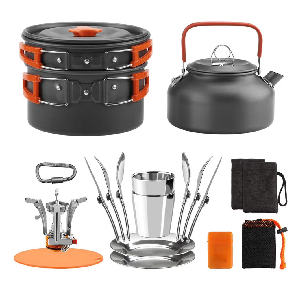 Camping Cookware Mess Kit Pot Pan Kettle Cooking Set Tableware with Stove Spoon Fork Cutter U101