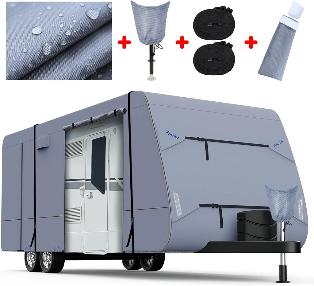Waterproof Travel Trailer RV Cover with 4 Gutter Spout Covers and 2 Windproof Straps B686003