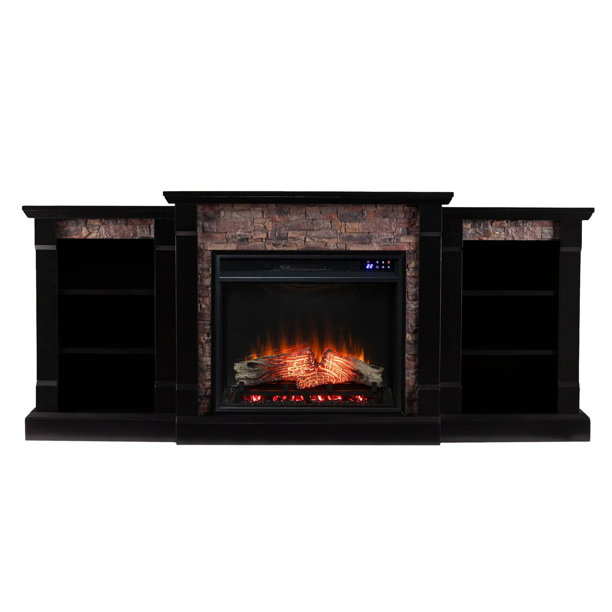 Black Faux Stone Electric Fireplace with Bookcases X33459