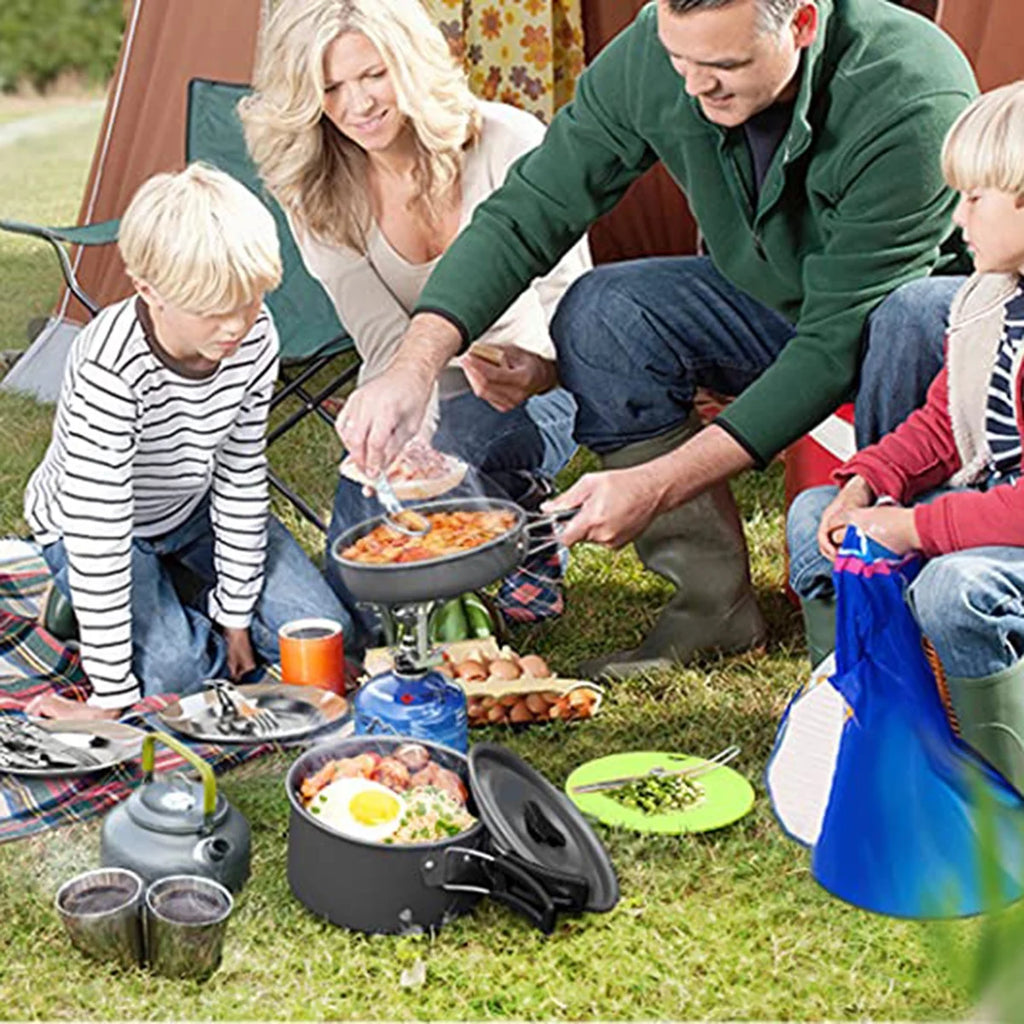 Camping Cookware Mess Kit Pot Pan Kettle Cooking Set Tableware with Stove Spoon Fork Cutter U101