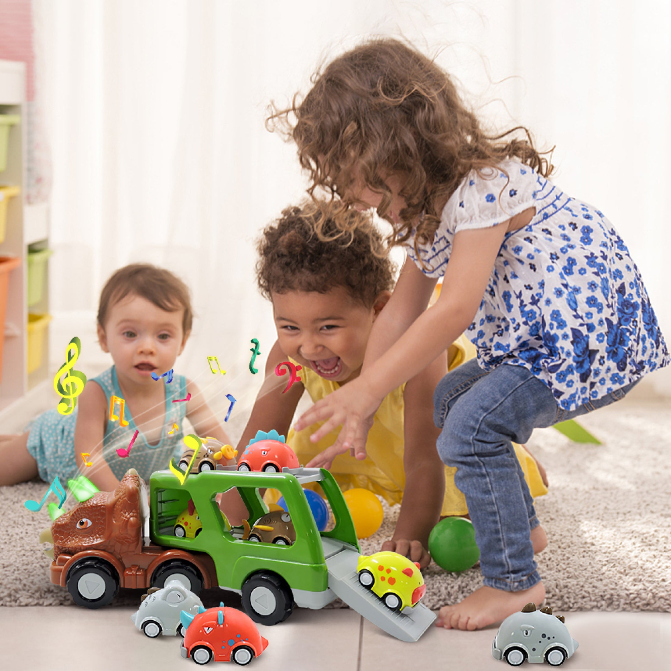 Double-decker Dinosaur Car Toy Transport Carrier Truck with 8 Small Pull Back Dino Car Friction Power Vehicle T646169