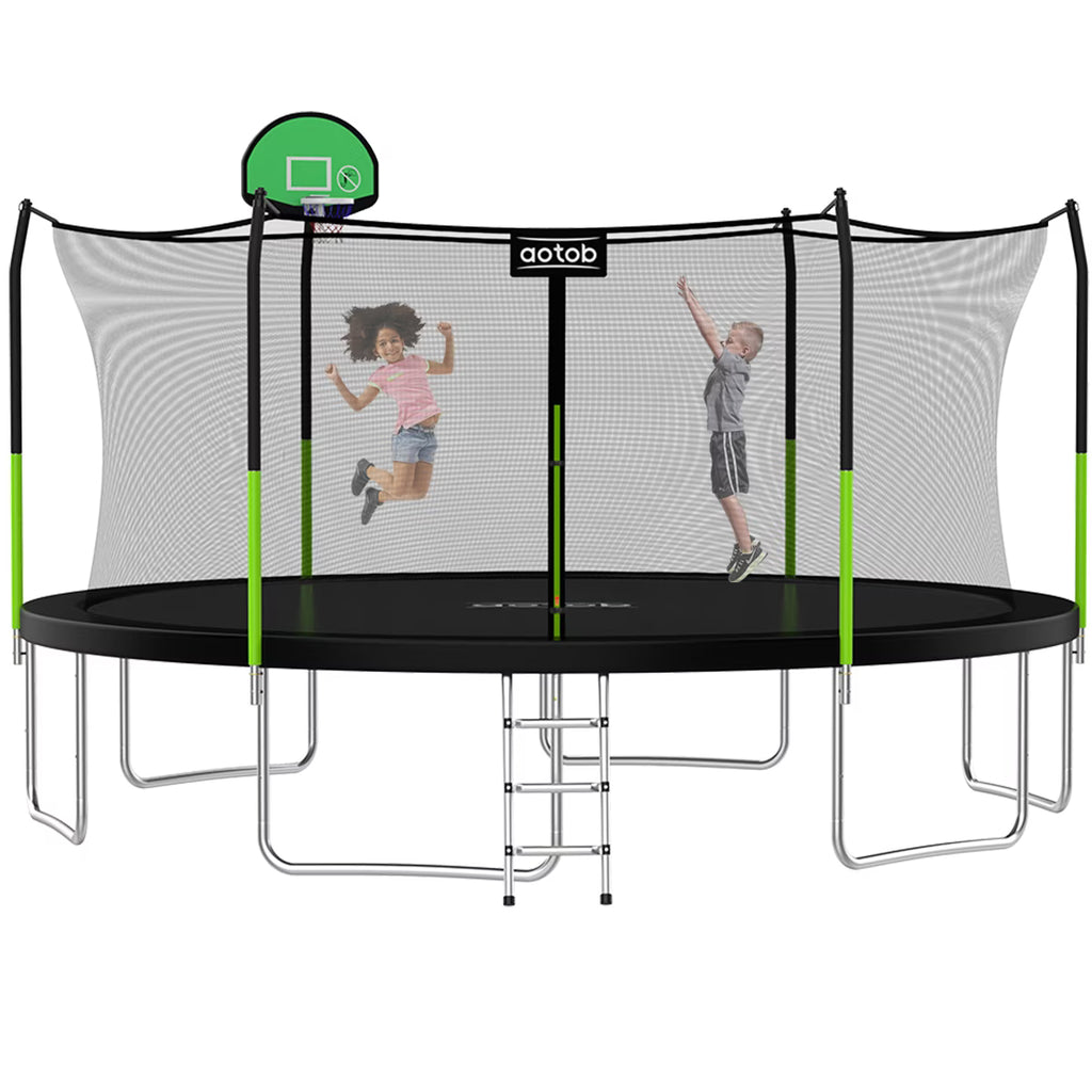 14FT Outdoor Trampoline with Basketball Hoop, Safety Enclosure Net and Ladder U688