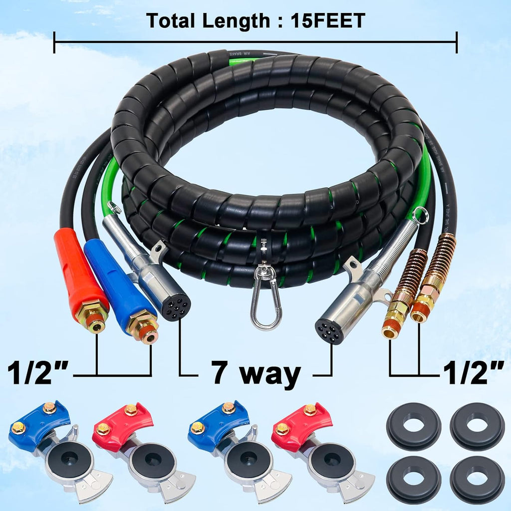 15 Ft Heavy Duty 7 Way ABS Electrical Cable and Rubber Air Line Hose Assemblies with Aluminum Glad Hands and Extension Handles A83230