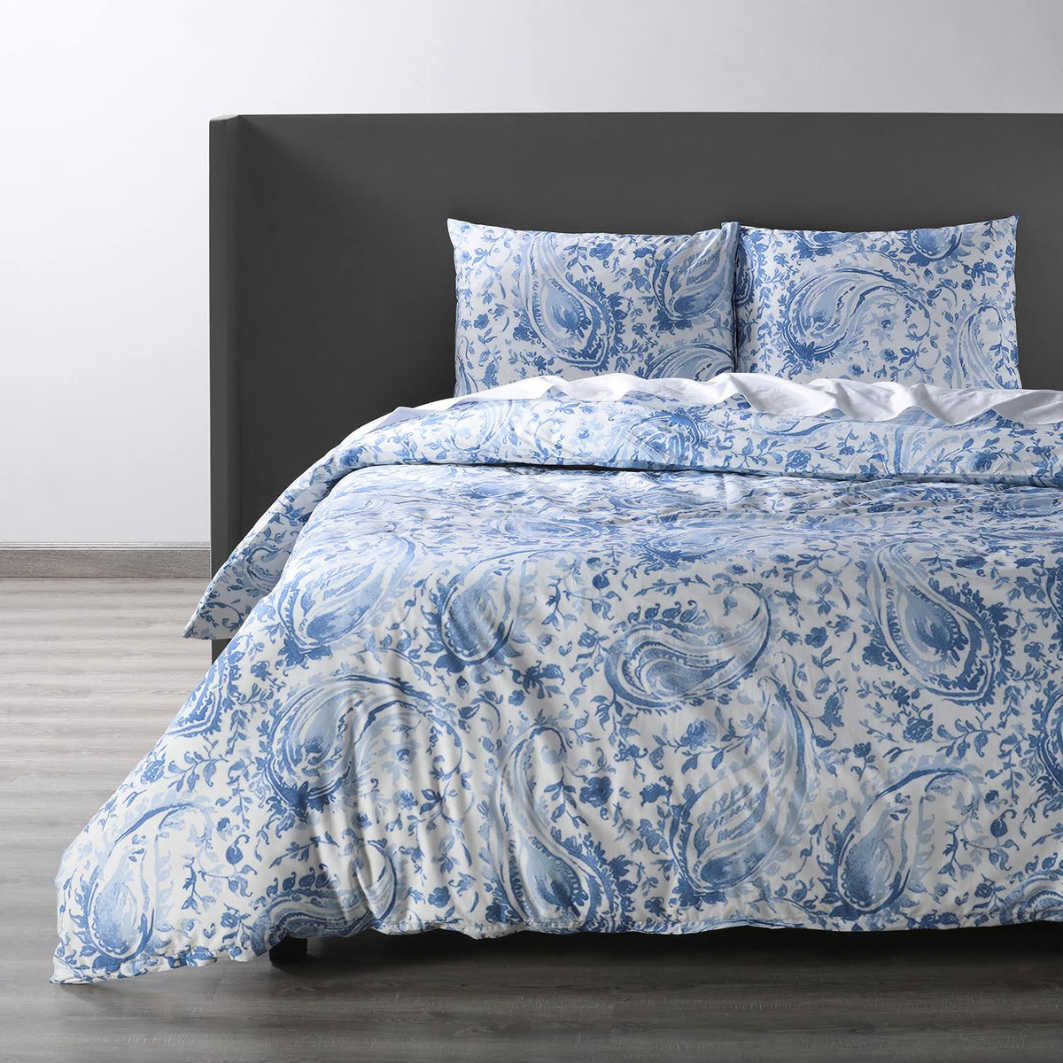 Queen Blue Cotton Percale Printed Duvet Cover Set P226