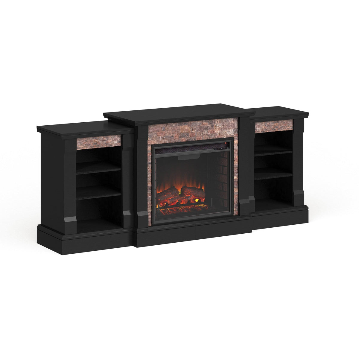 Black Faux Stone Electric Fireplace with Bookcases X33459