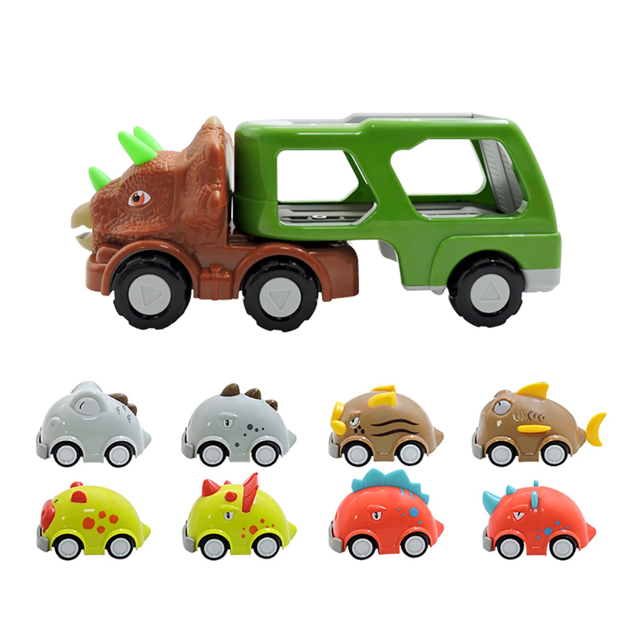 Double-decker Dinosaur Car Toy Transport Carrier Truck with 8 Small Pull Back Dino Car Friction Power Vehicle T646169