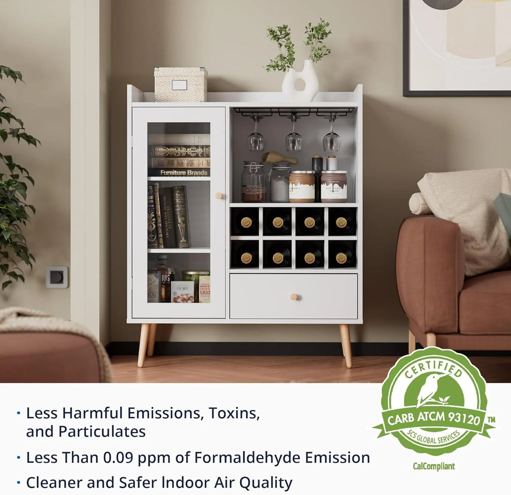 White Coffee Bar Cabinet with Storage, Mid-Century Modern Buffet Sideboard with Removable Wine Rack, Acrylic Door S232389