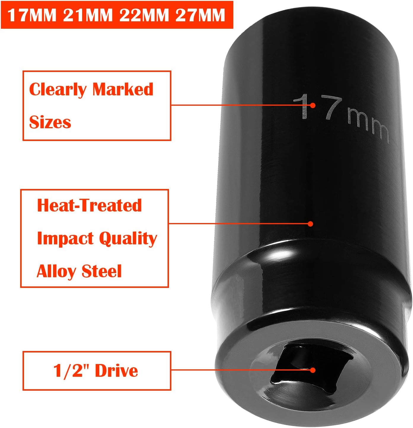 4pcs 1/2 Inch Drive Deep Impact Socket Set 17mm 21mm 22mm 27mm with Storage Case Z5772