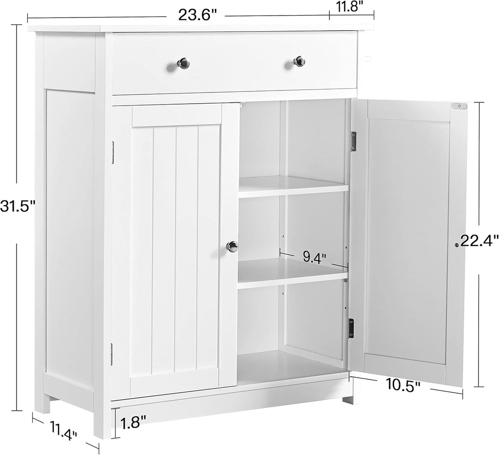 White 23.6in L x 11.8in W x 31.5in H Wooden Bathroom Cabinet with 1 Drawer 2 Doors and Adjustable Shelf H55063