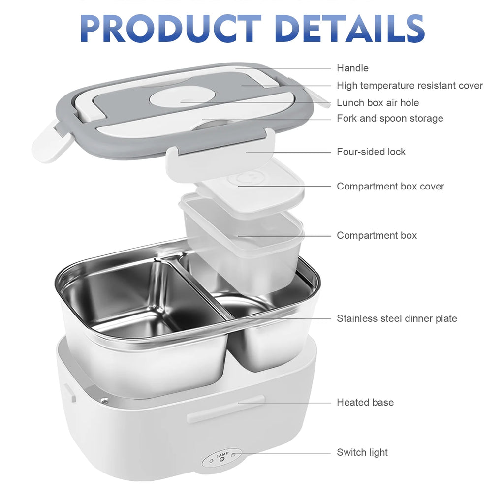 White 3-In-1 Portable Electric Lunch Box with 304 Stainless Steel Container K65255