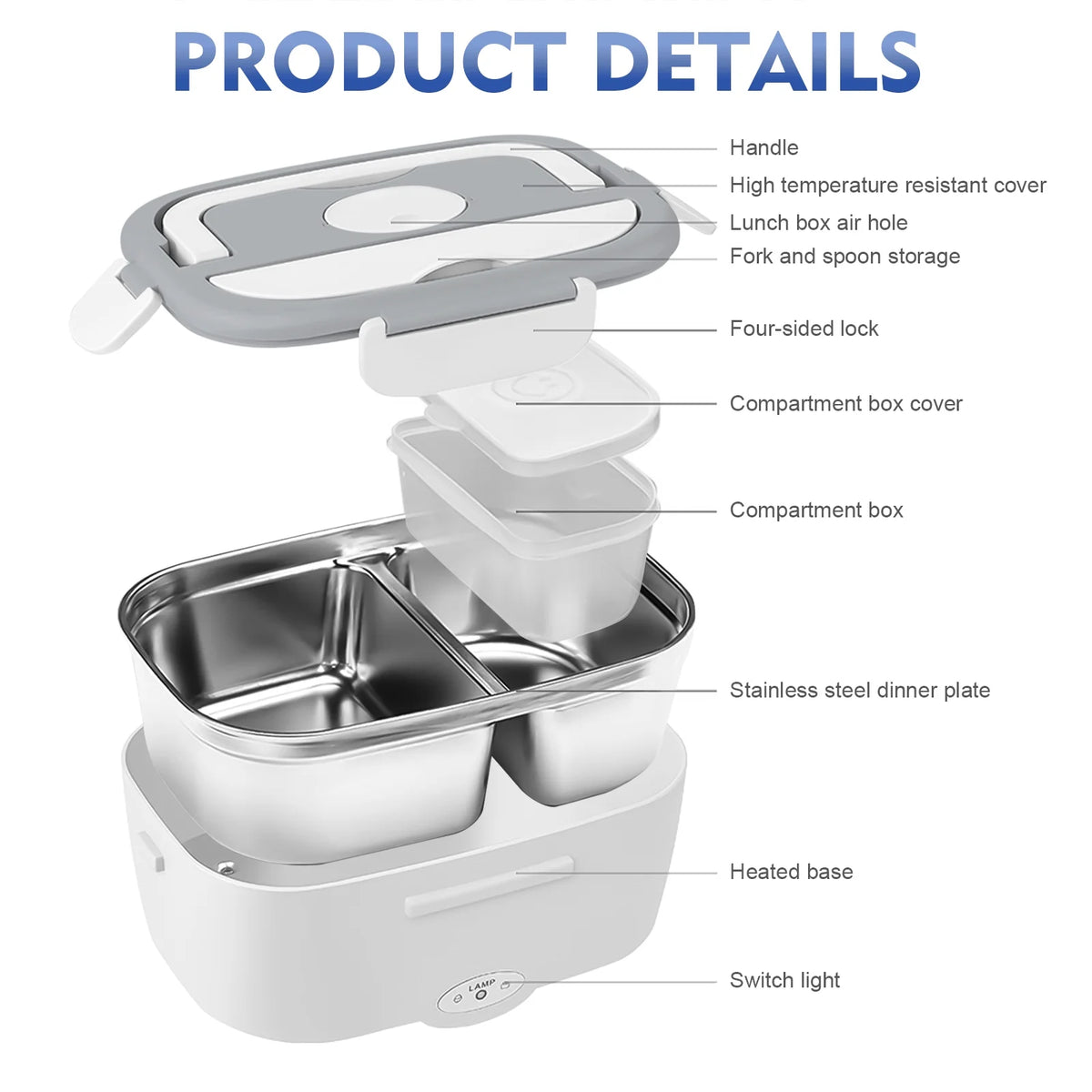 White 3-In-1 Portable Electric Lunch Box with 304 Stainless Steel Container K65255