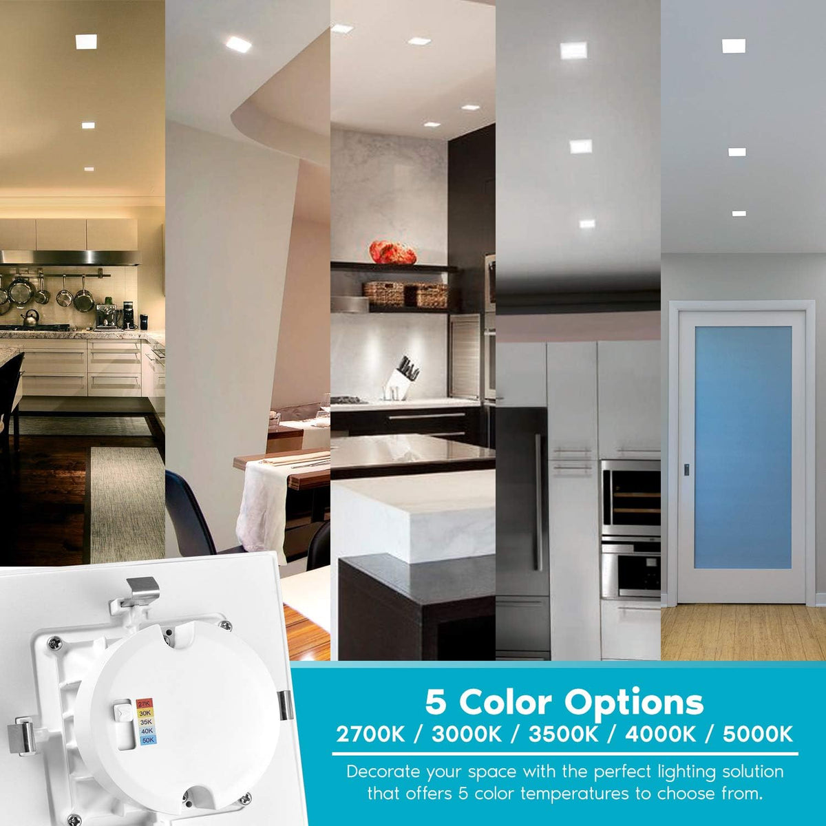 4 Inch Square Recessed LED Can Lights, 750 Lumens, Dimmable, Wet Rated, Baffle Trim, 6 Pack V37537
