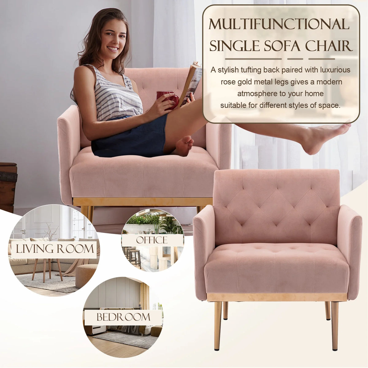 Pink Velvet Accent Chair with Metal Legs L70162