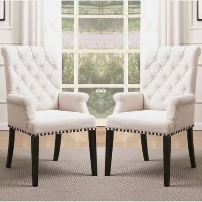 Beige Tufted Linen Solid Wood Arm Chair L77289