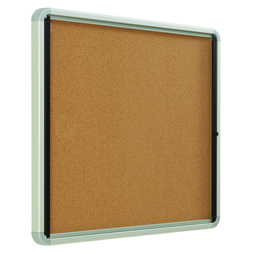 Enclosed Cork Bulletin Board with Swing Door, 30 x 27, Silver Aluminum Frame C613