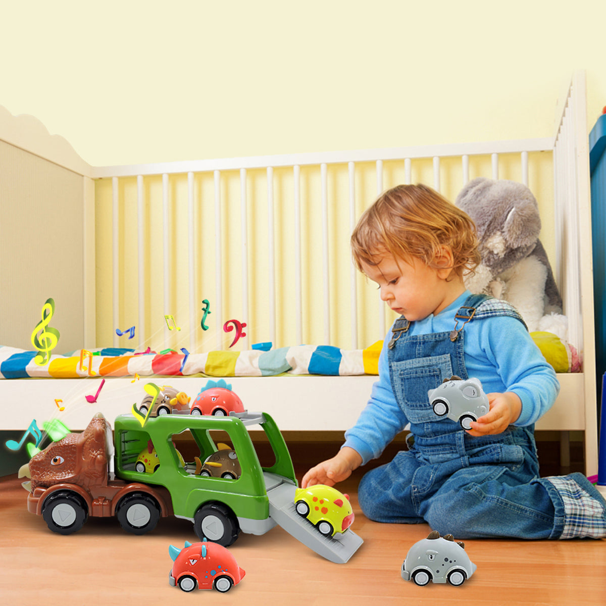 Double-decker Dinosaur Car Toy Transport Carrier Truck with 8 Small Pull Back Dino Car Friction Power Vehicle T646169