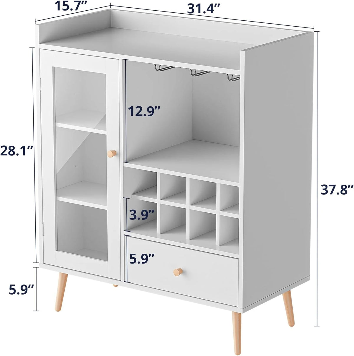 White Coffee Bar Cabinet with Storage, Mid-Century Modern Buffet Sideboard with Removable Wine Rack, Acrylic Door S232389