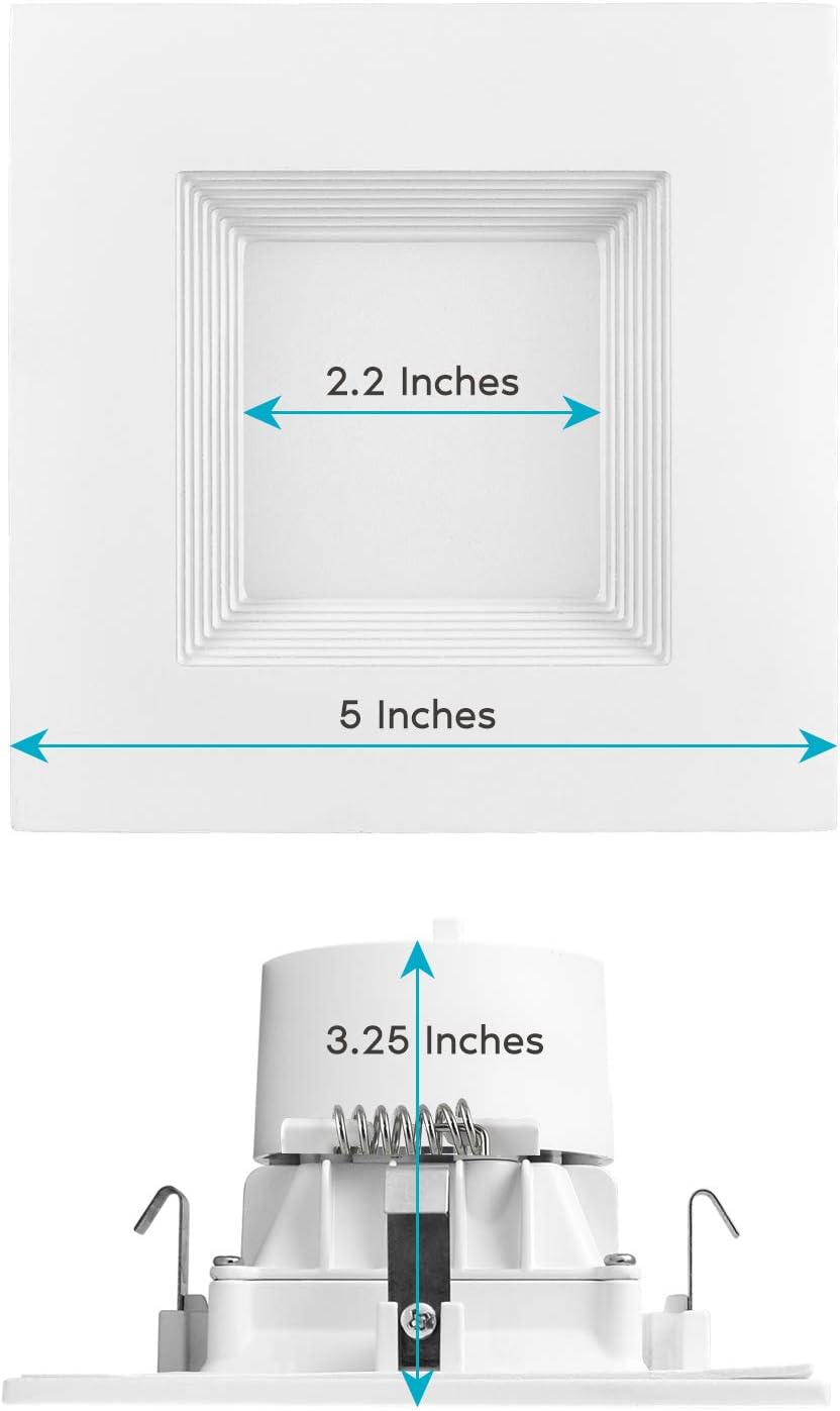 4 Inch Square Recessed LED Can Lights, 750 Lumens, Dimmable, Wet Rated, Baffle Trim, 6 Pack V37537