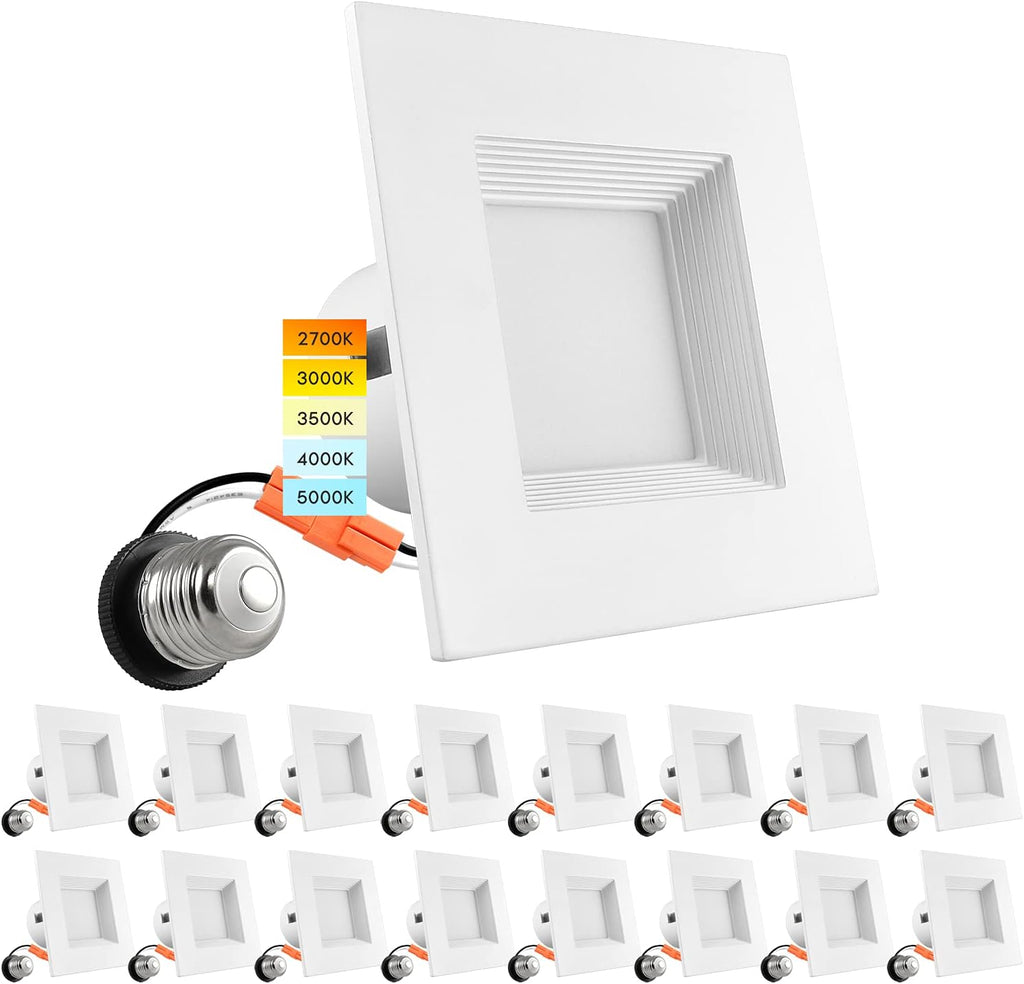 4 Inch Square Recessed LED Can Lights, 750 Lumens, Dimmable, Wet Rated, Baffle Trim, 6 Pack V37537