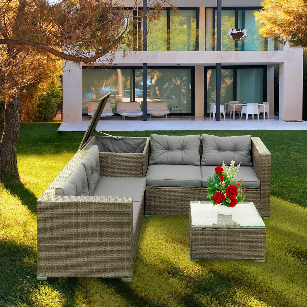 4 Piece Patio Sectional Wicker Rattan Outdoor Furniture Sofa Set with Storage Box Grey B48221