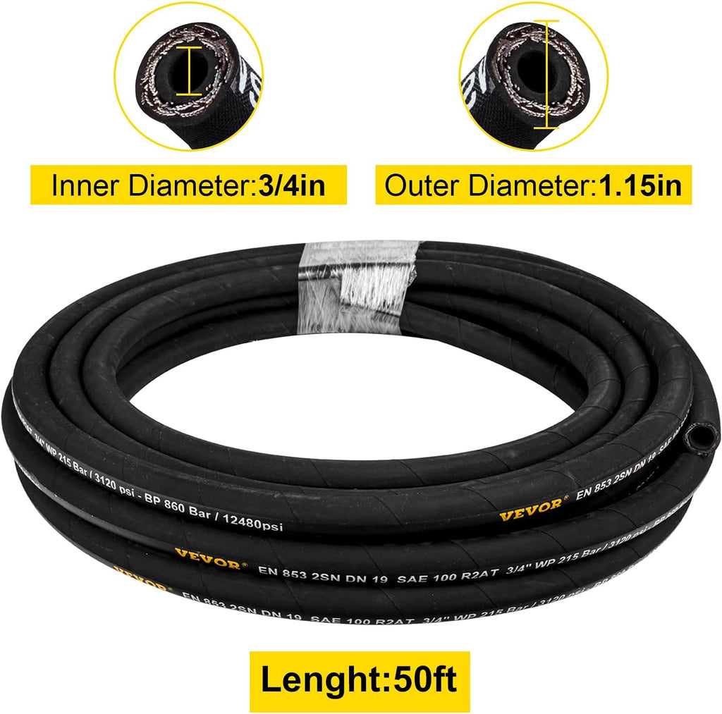 Hydraulic Hose 3/4 inch x 50 ft, 3120 PSI Rubber with 2 High-Tensile Steel Wire Braid X5150