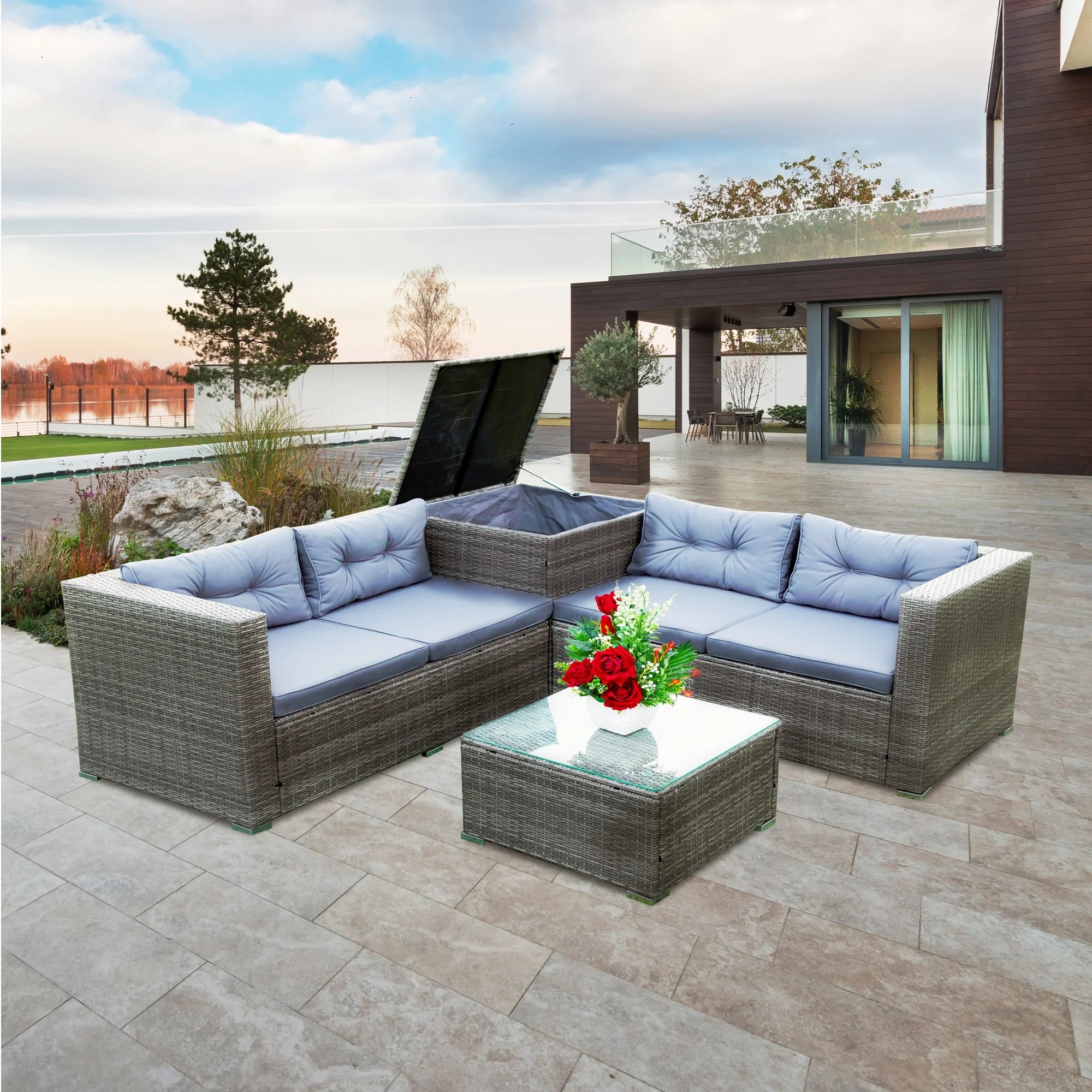 4 Piece Patio Sectional Wicker Rattan Outdoor Furniture Sofa Set with Storage Box Grey B48221