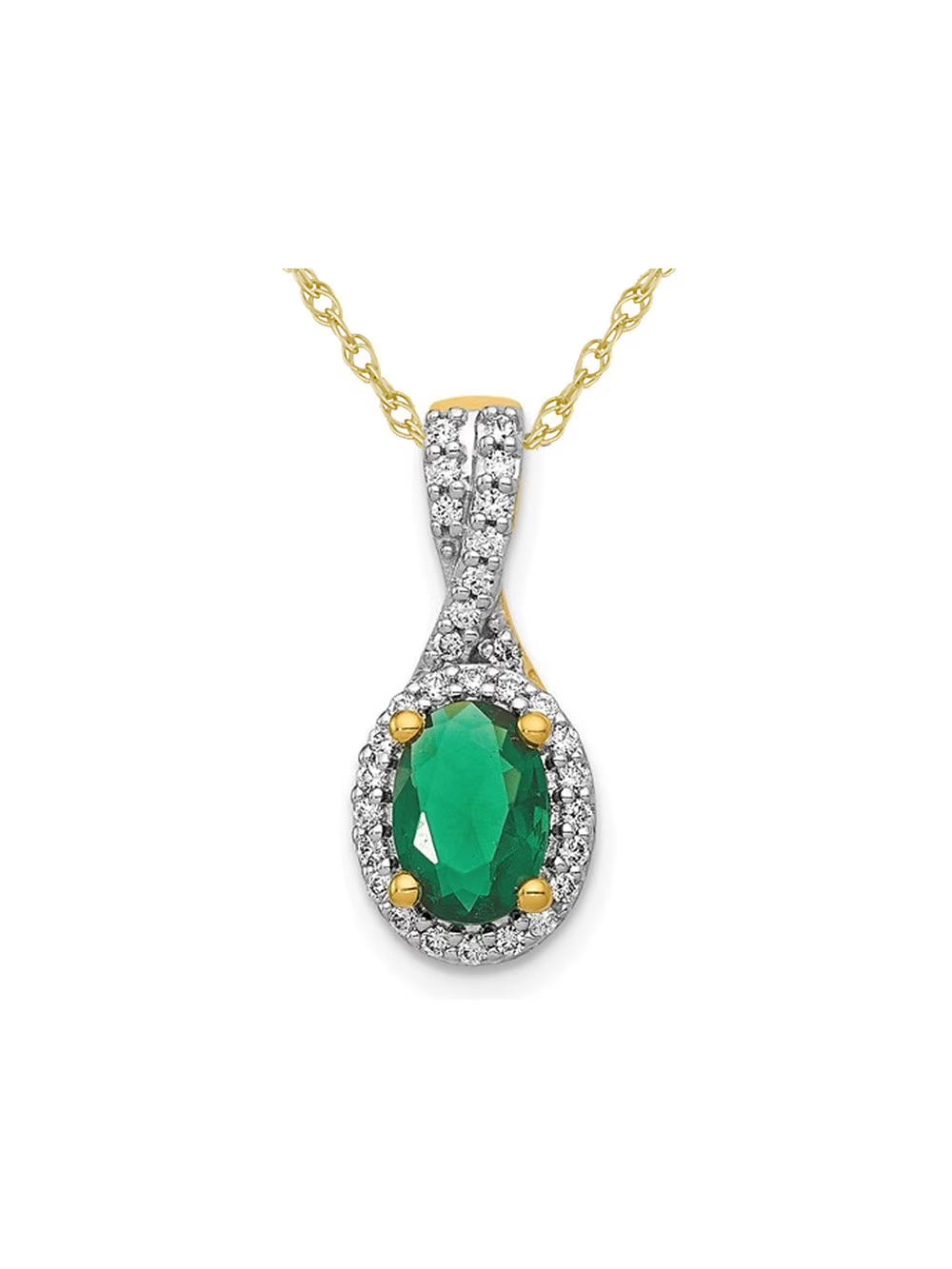 Natural Emerald Halo Twist Pendant Necklace in 14K Yellow Gold with Chain and Diamonds R129363