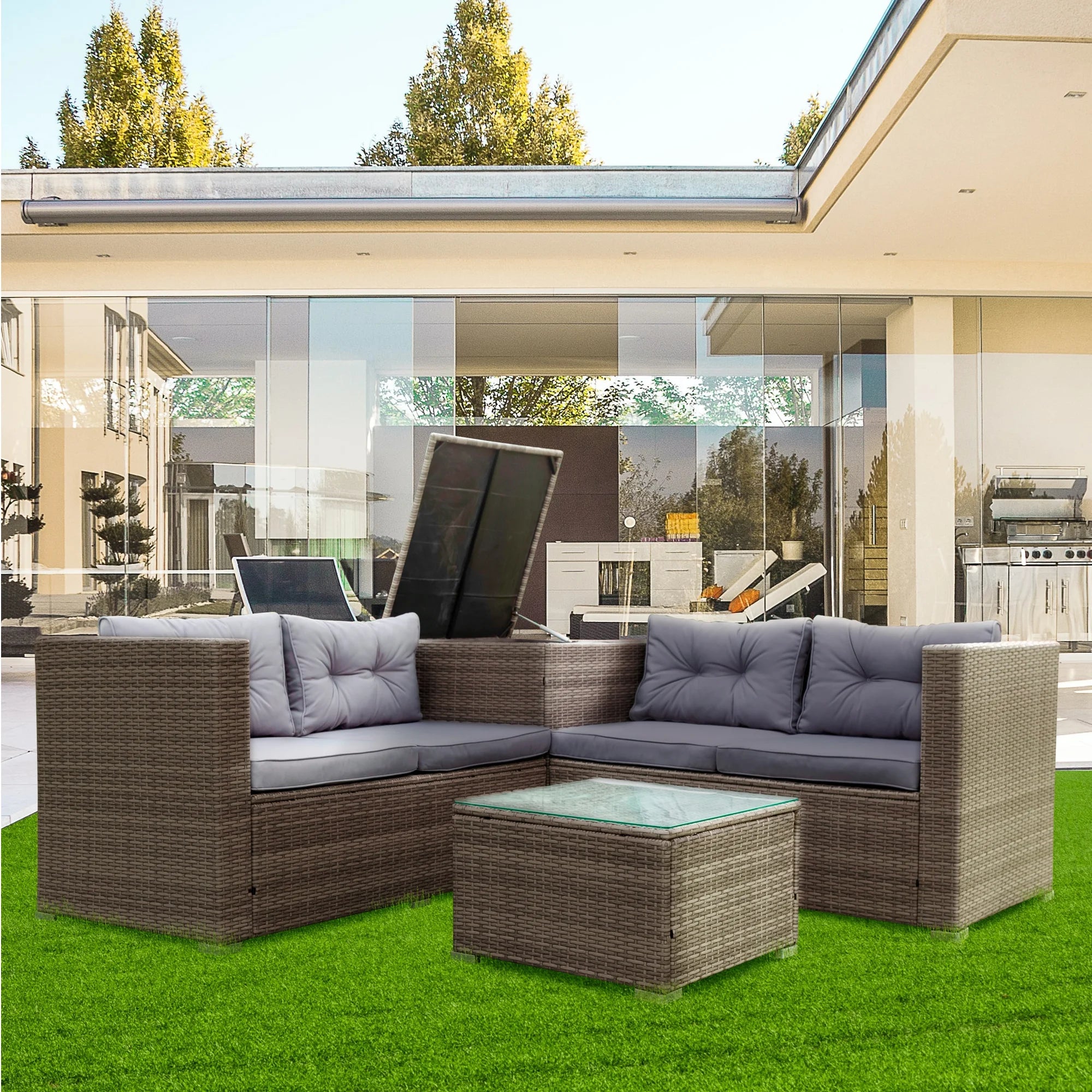 4 Piece Patio Sectional Wicker Rattan Outdoor Furniture Sofa Set with Storage Box Grey B48221