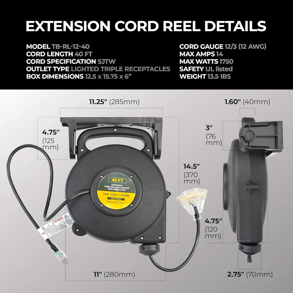 40 Ft 12/3 Retractable Extension Cord Reel with 3 Electrical Outlets N881391