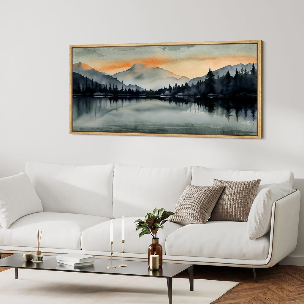 Extra Large Framed Canvas Print Wall Art Sunset Mountain Range & Lake Panoramic Modern Art Nature Wilderness Retro Wall Decorative Oversized Artwork Relax/Calm for Living Room - 60"x30" C392