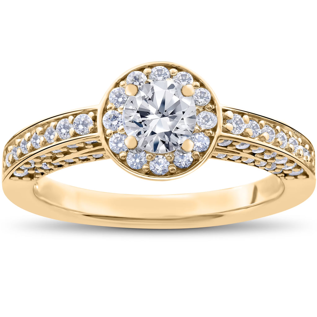 14k Yellow Gold Diamond Halo Solitaire Engagement Ring R7640