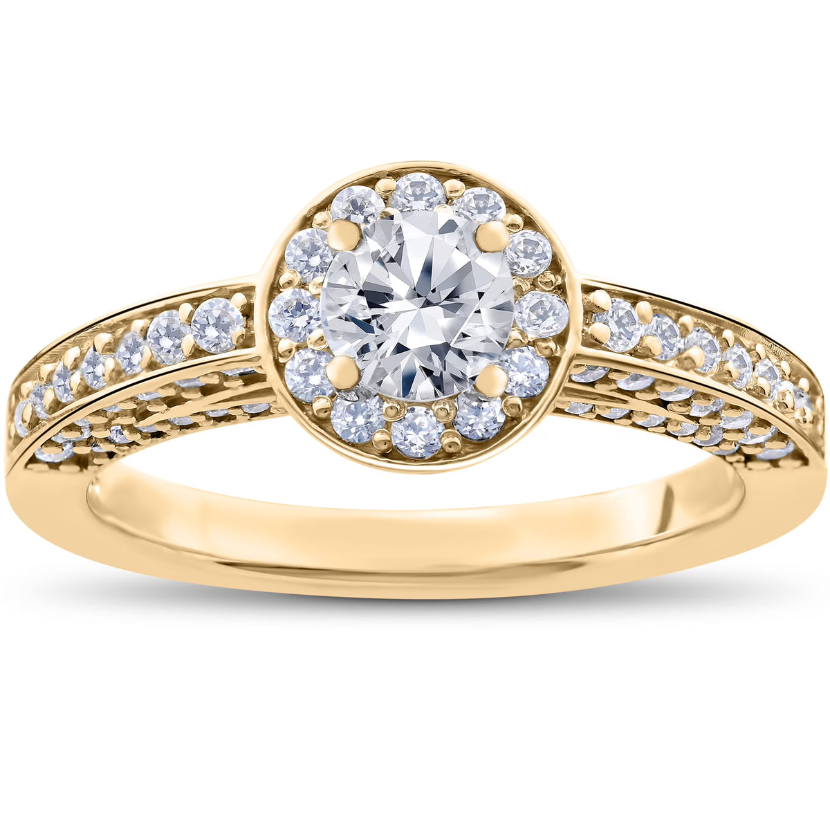14k Yellow Gold Diamond Halo Solitaire Engagement Ring R7640