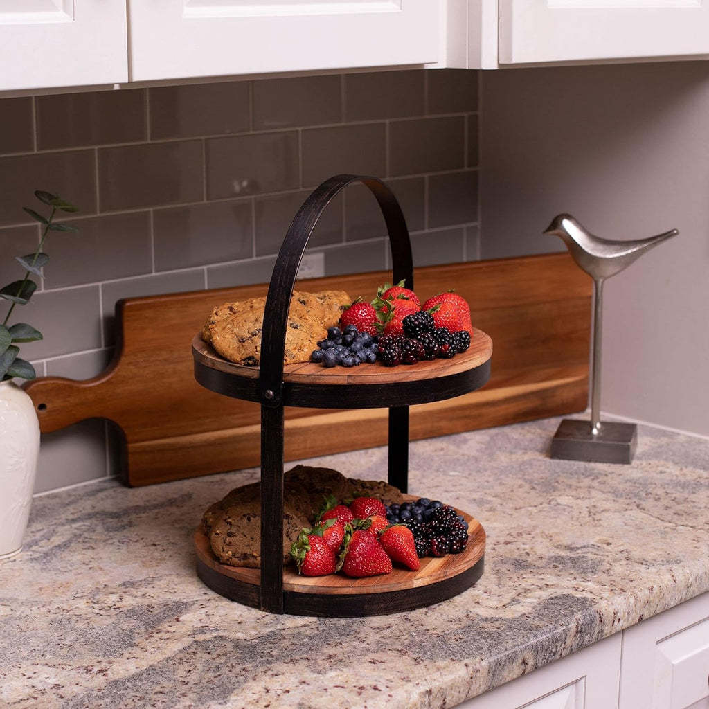 2-Tier Wood Iron Cupcake and Cake Stand with Handle L871378