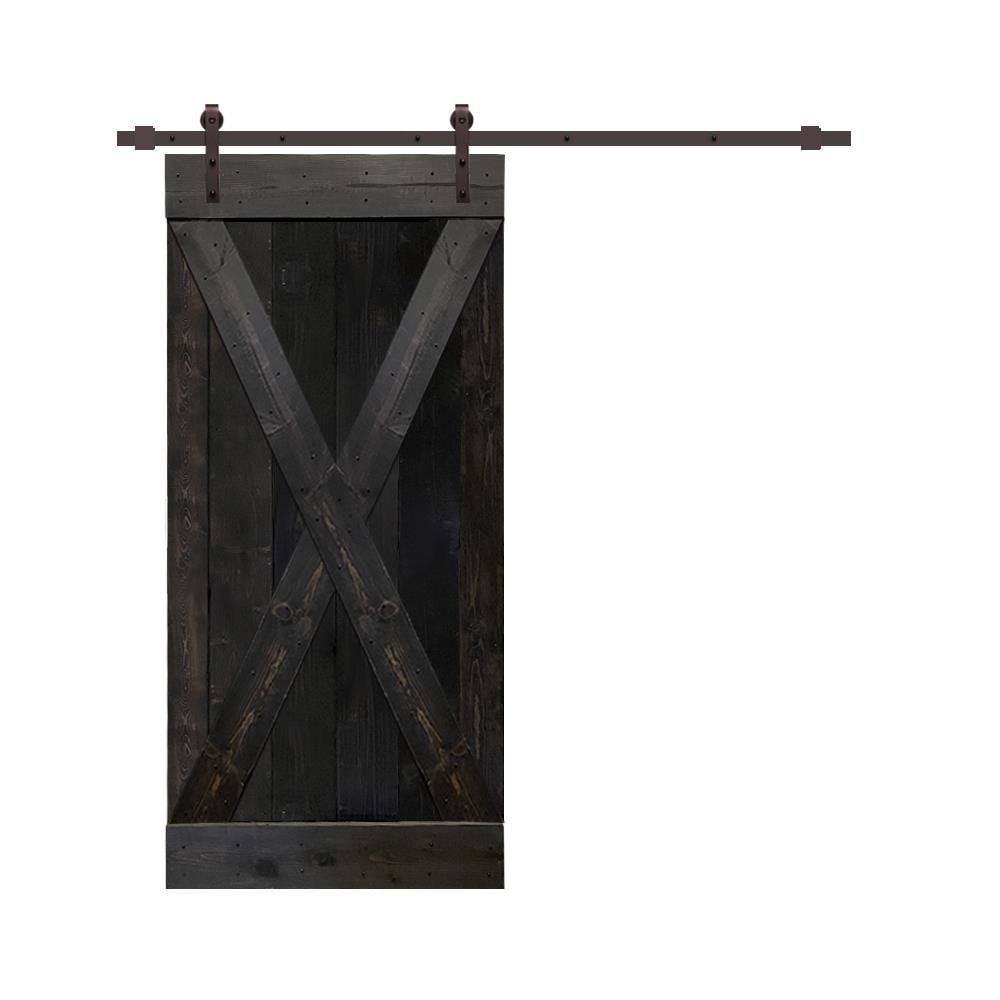 Solid Charcoal Black Stained Knotty Pine Wood Interior Sliding Barn Door with Hardware Kit C67638