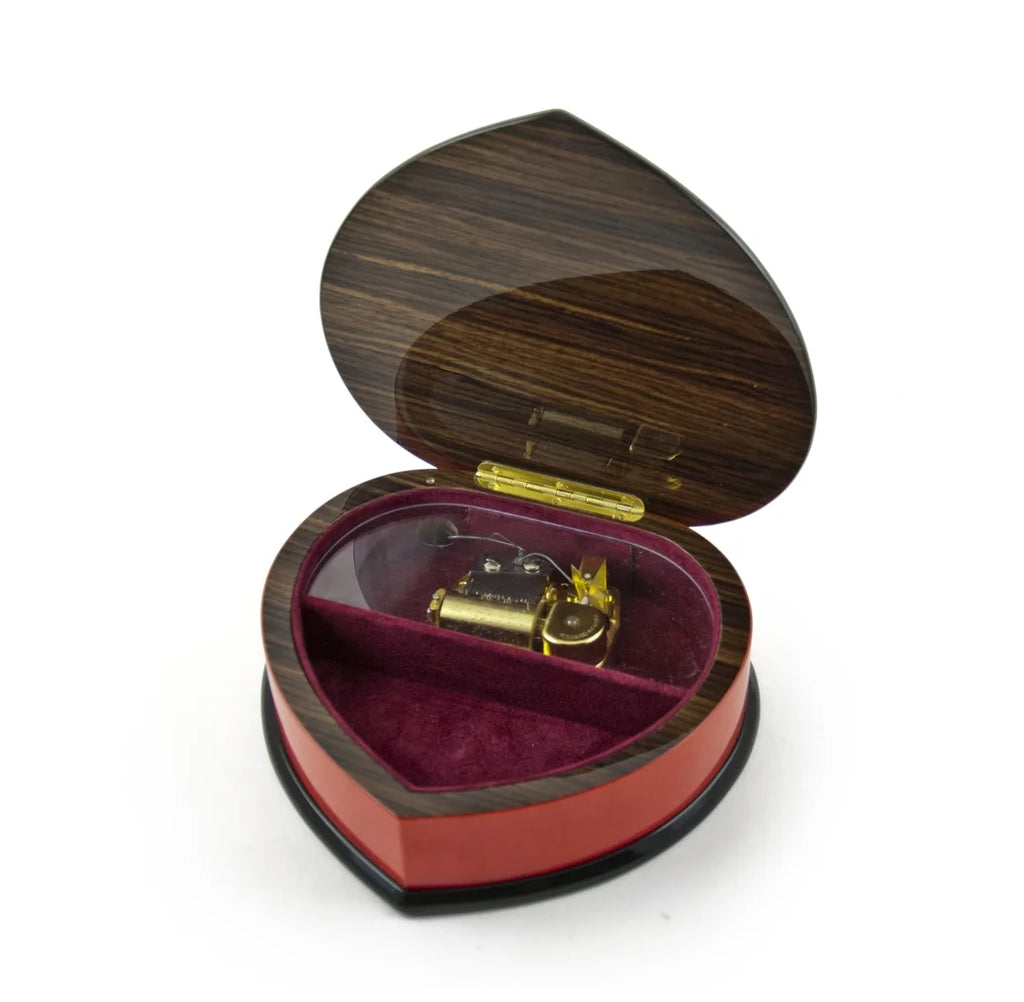 Cherry Red Heart Shaped Music Jewelry Box with Floral Inlay Design L1106