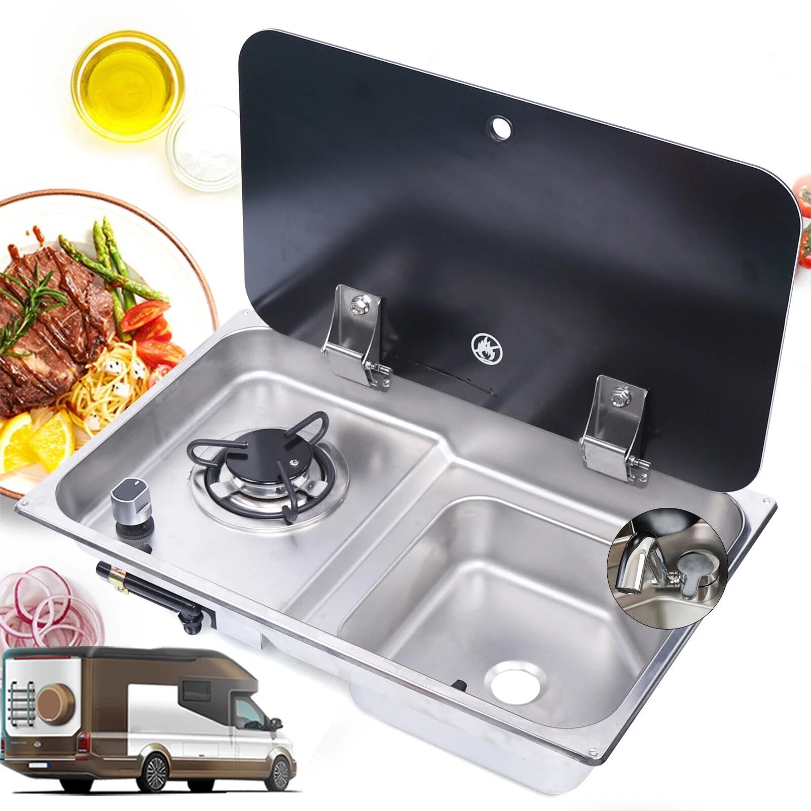RV Gas Stove 1 Burner With Sink & Faucet Combo w/ Glass Lid S766378