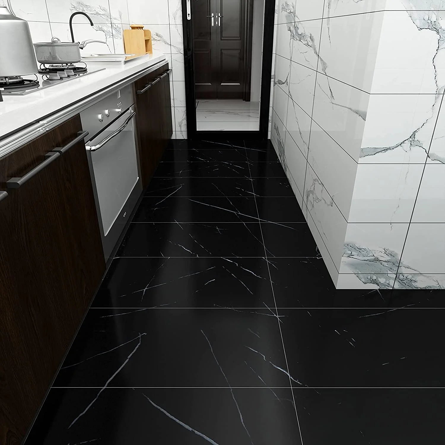 24-Pack Peel and Stick Vinyl Floor Tile 12"x24" Black Marble S134195